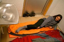Davide getting ready to sleep in the toilet