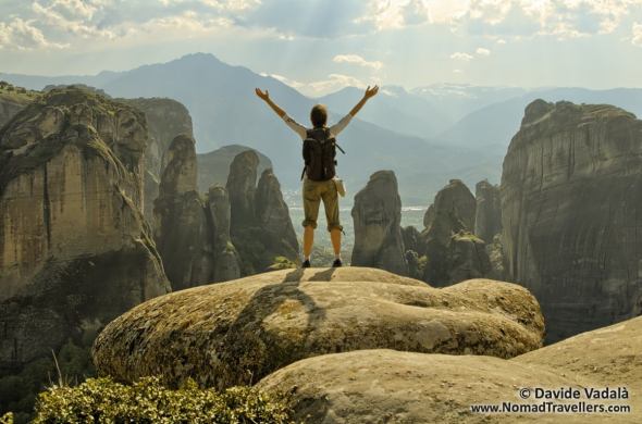 Oti mesmerized by the rock formations in Meteora, Greece