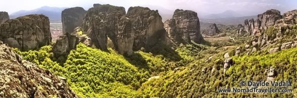 Panoramic view of the amazing rock formations in Meteora