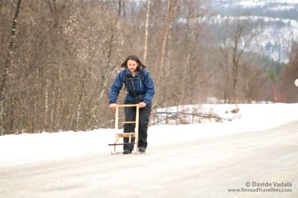 Davide riding a sledge in Norway