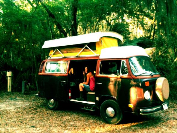 Renee inside the Volkswagen Bus