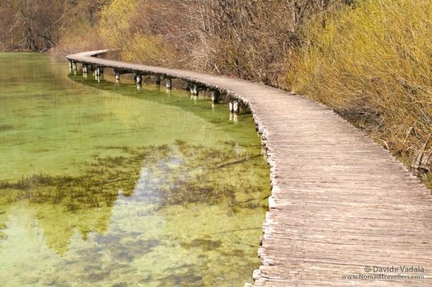 A foot bridge over the clear water in Plitvice Lakes