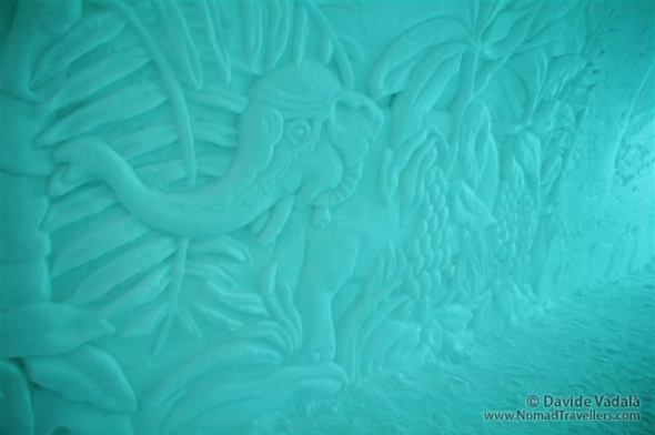 An elephant sculpted in the wall of the corridor 017 Ice-Hotel-Jukkasjarvi-Sweden 7237