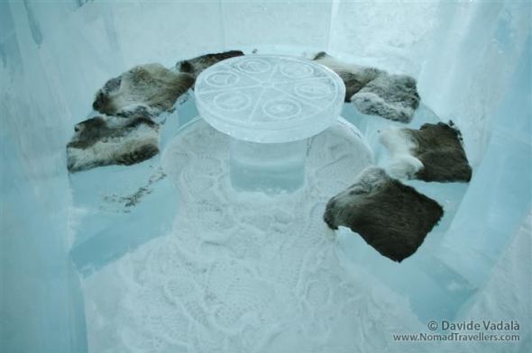 Also benches, chairs and table for the clients in the Icebar are made out os ice. 019 Ice-Hotel-Jukkasjarvi-Sweden 7245